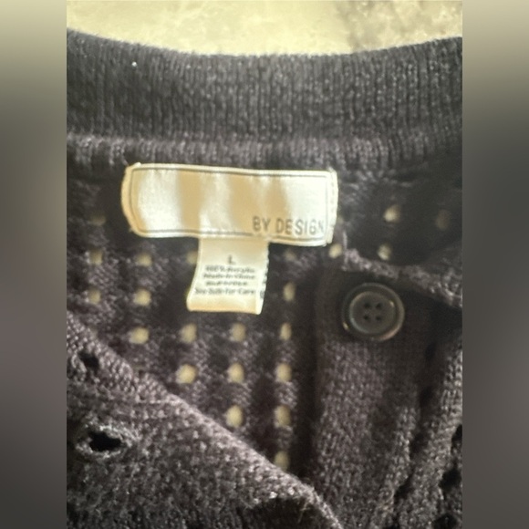 By Design Black Crochet Open-Knit Button-Up Short Sleeve Top Cardigan Spring  L - Picture 4 of 6